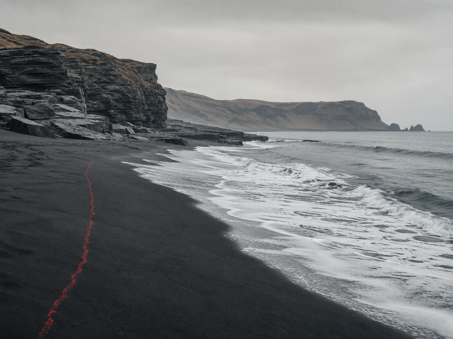 Black sand red line cliffs