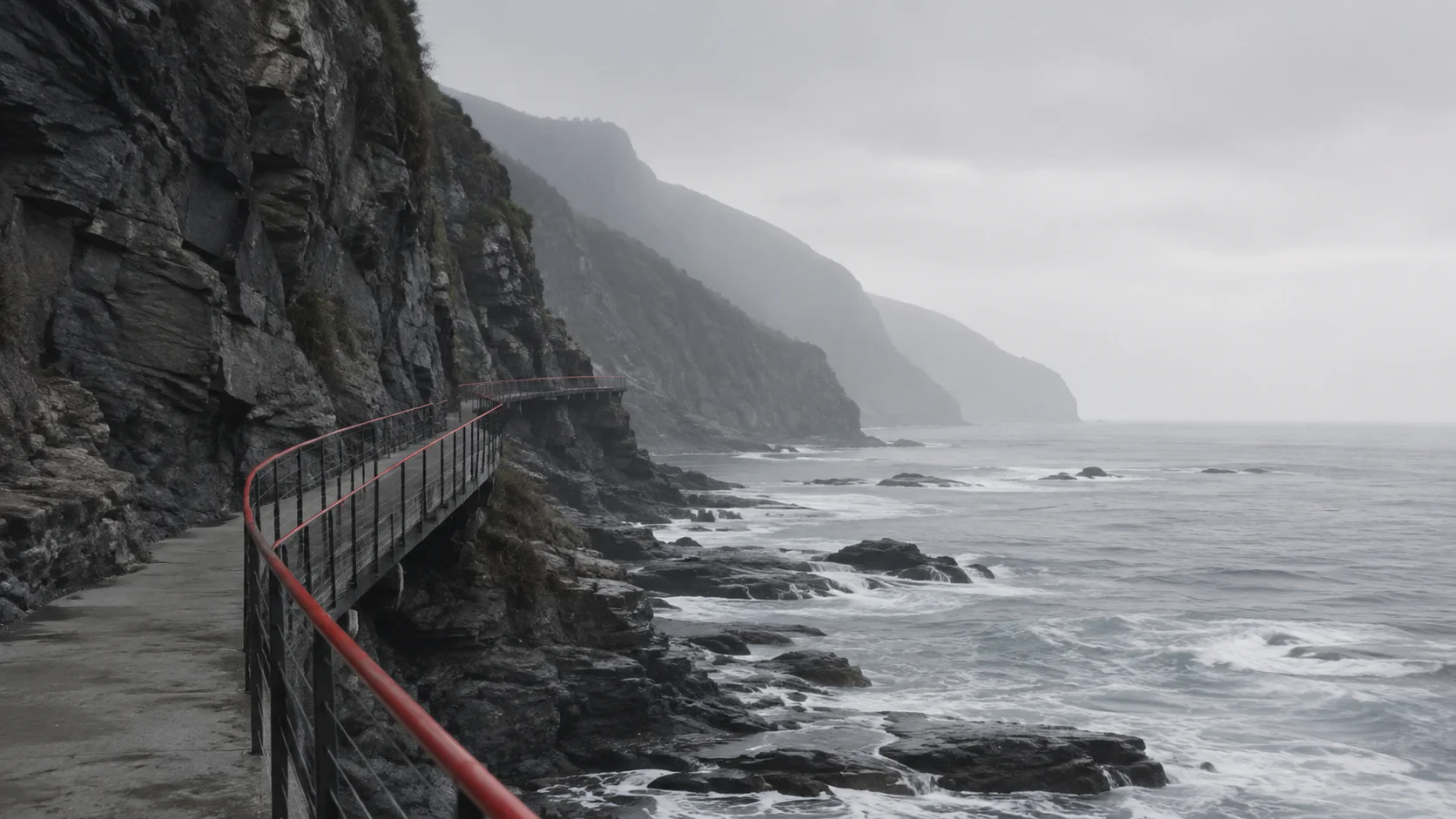 Cliff boardwalk red handrail fog