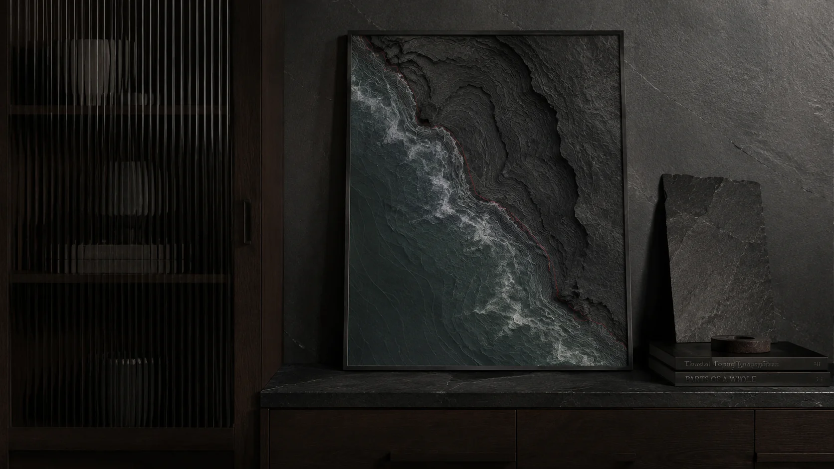 Framed coastal art credenza