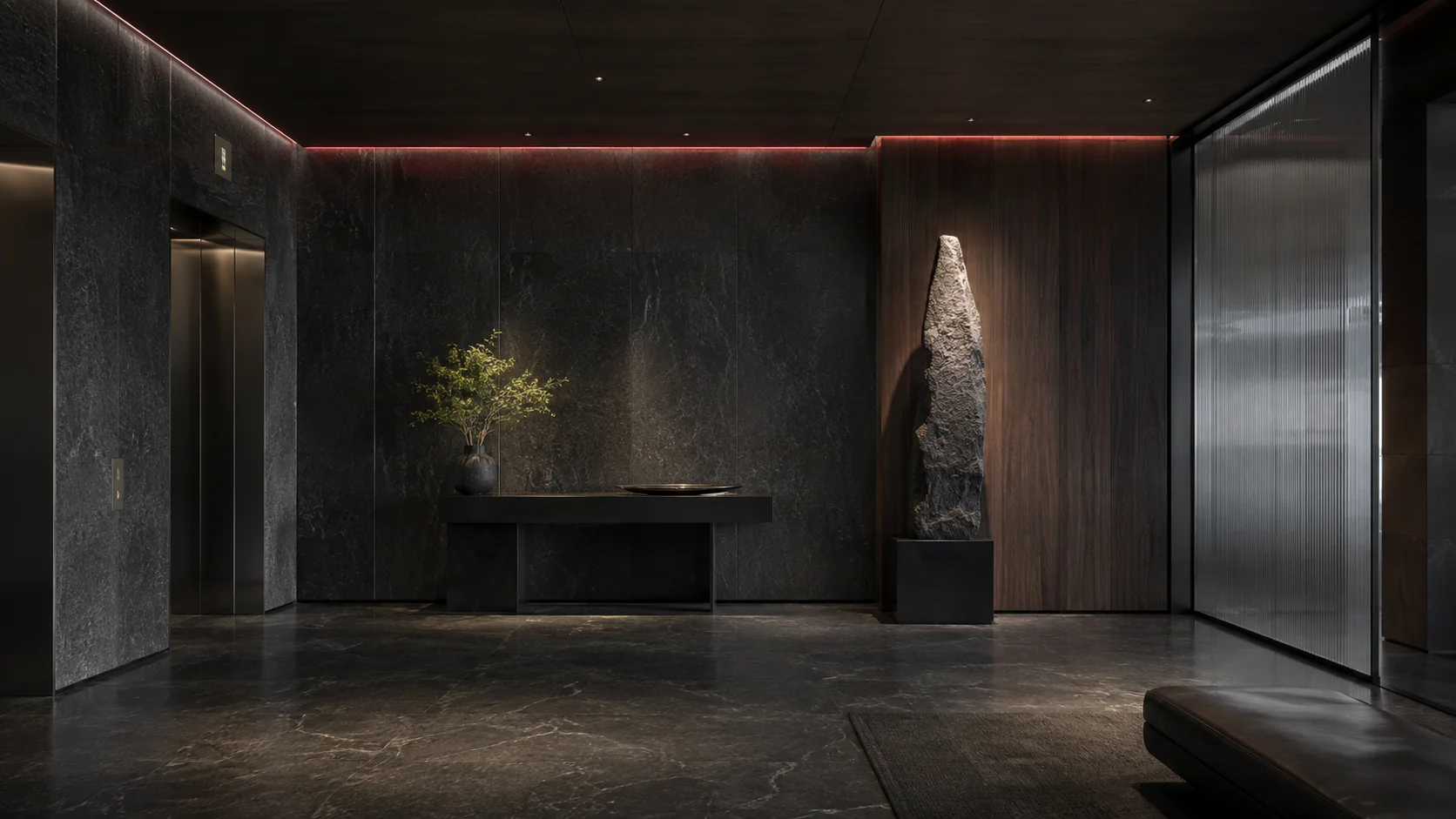 Lobby standing stone fluted glass