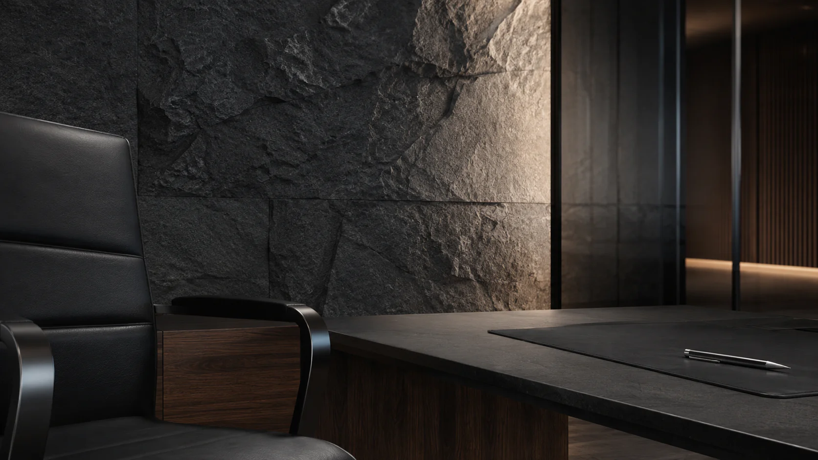 Office stone wall walnut desk
